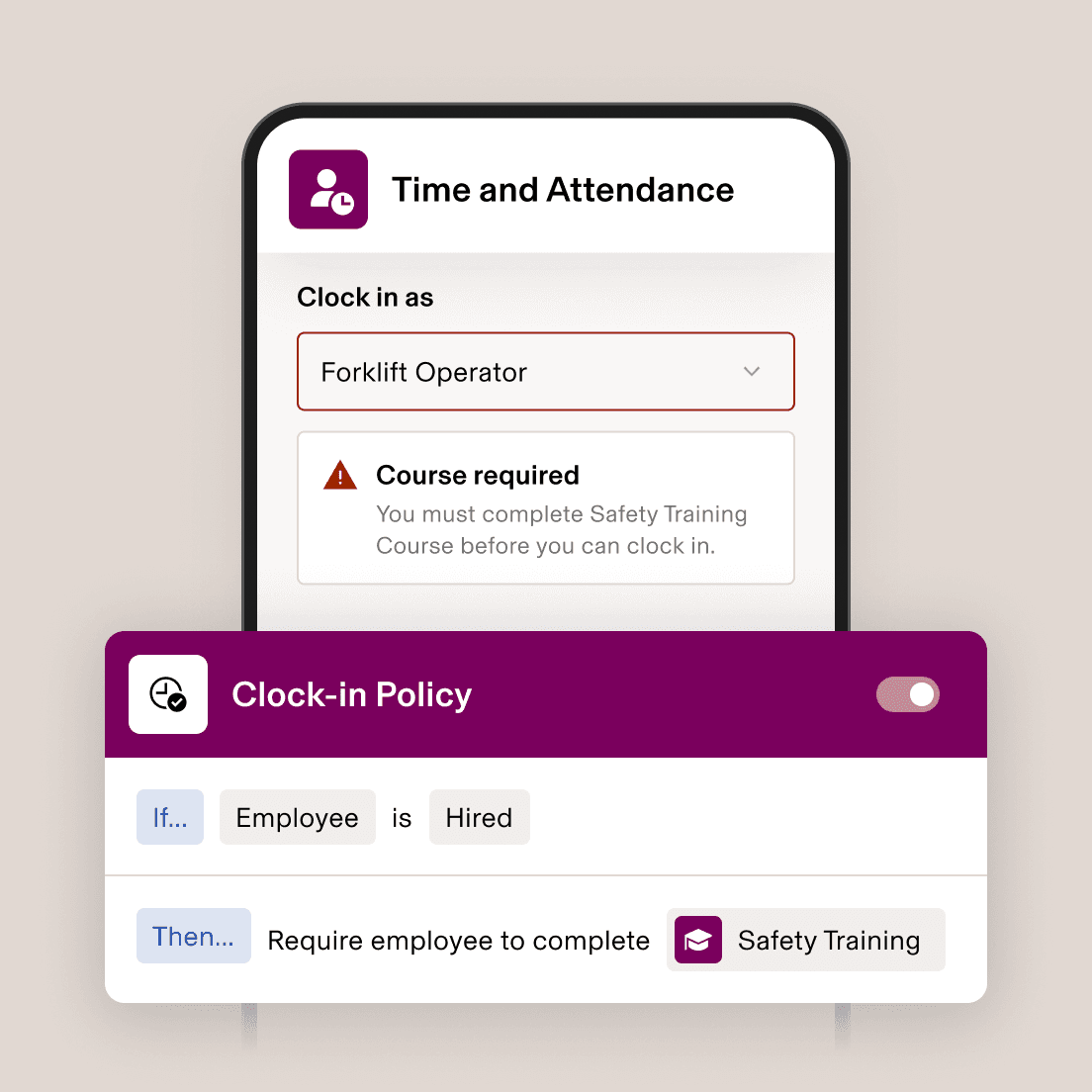 Time and Attendance screen requiring safety training before clocking in as forklift operator.