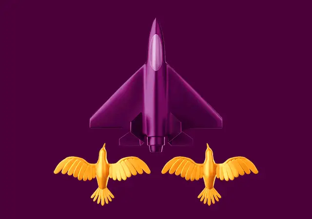 Purple jet flying above two yellow birds