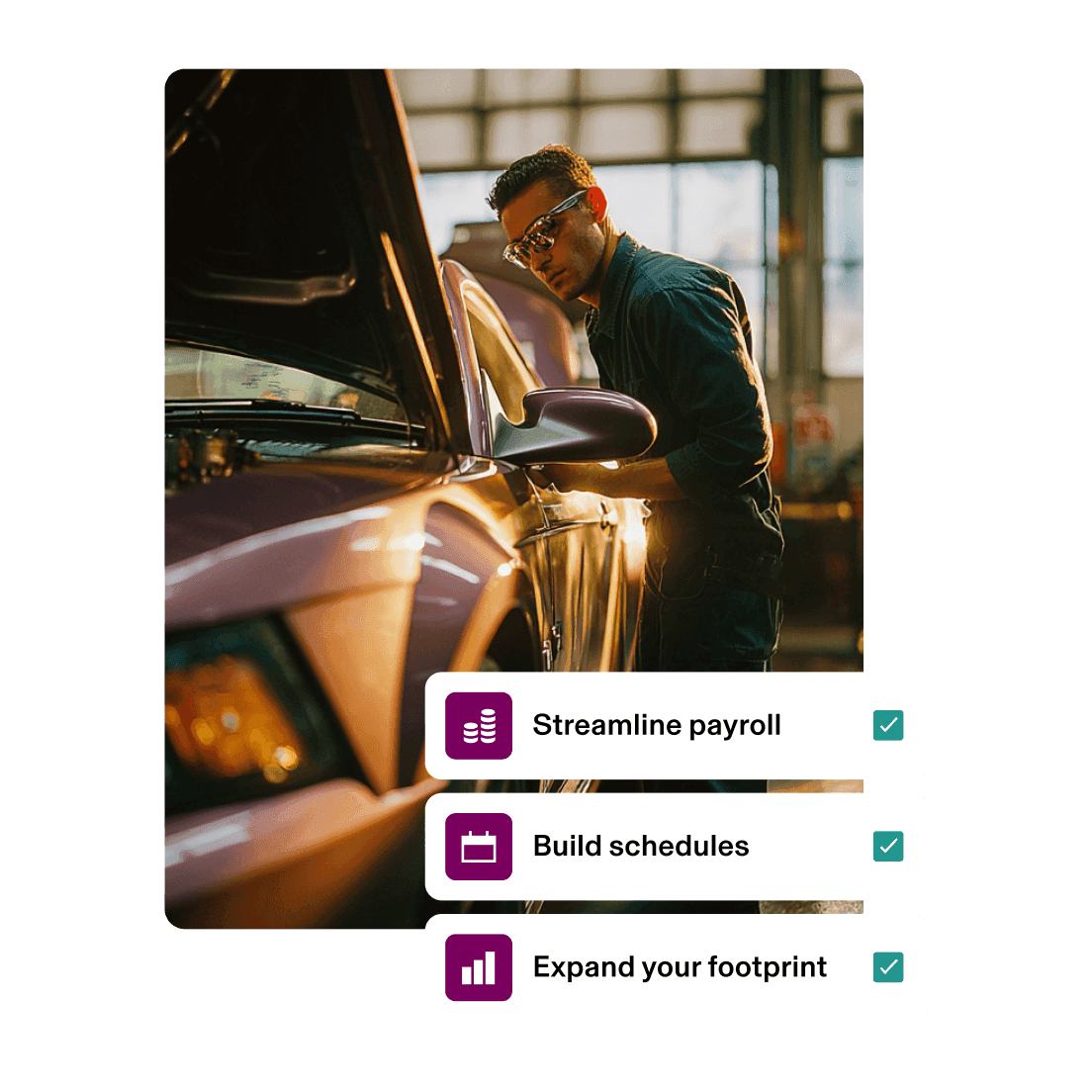Mechanic beside a car with payroll and scheduling checklist.
