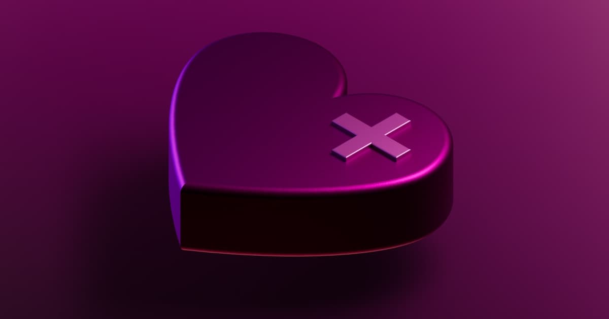 A 3D glossy purple heart shape with a raised cross symbol on top, set against a deep magenta background.