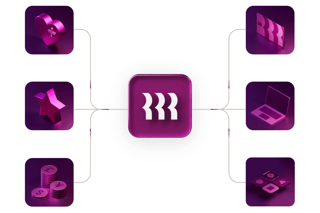A purple logo icon connected to six surrounding icons representing a heart, star, coins, laptop, media player, and screen.