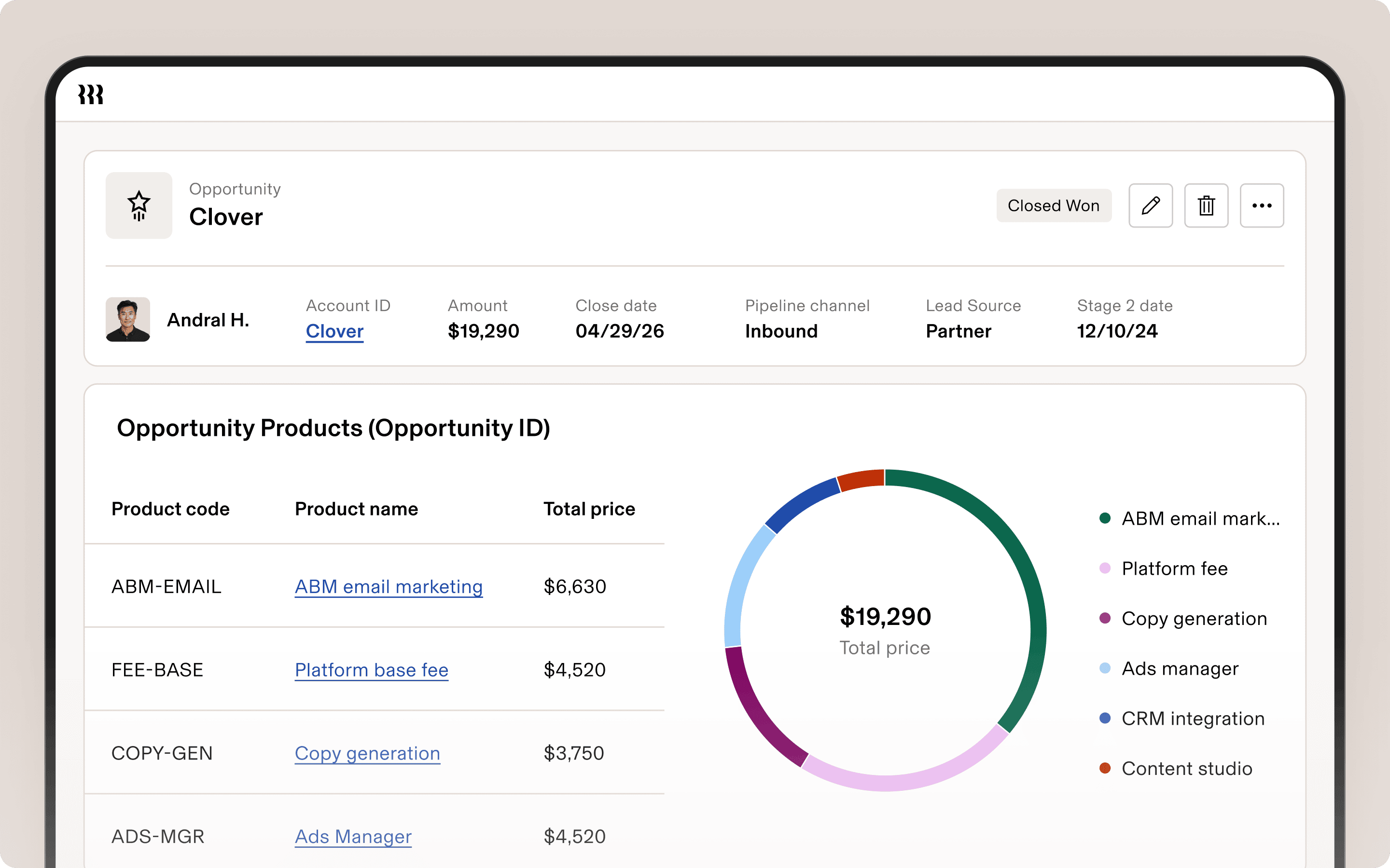 Opportunity products table beside a donut chart.