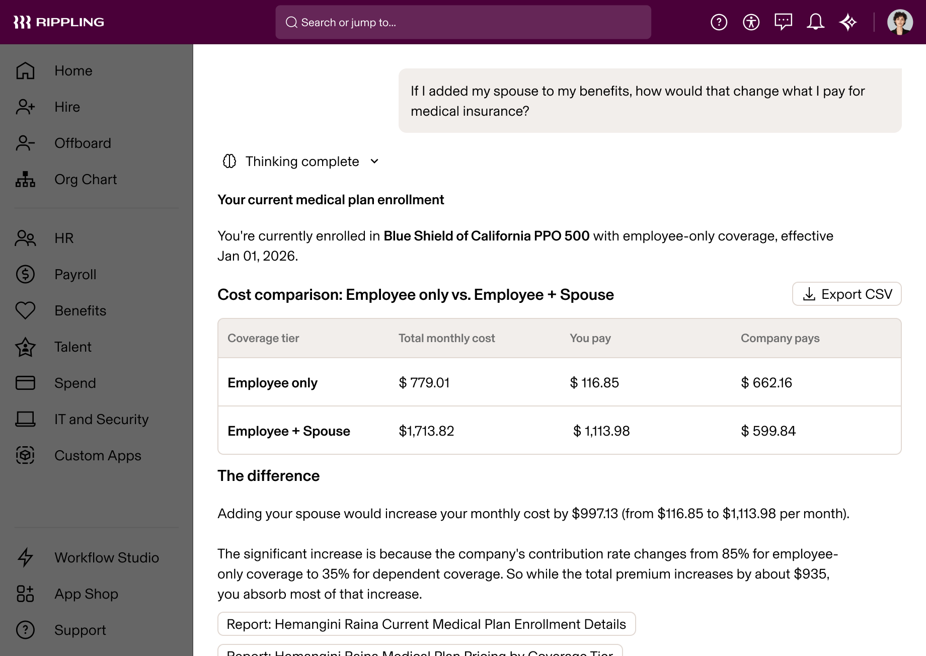 Rippling HR platform showing an AI-generated cost comparison of employee-only vs. employee plus spouse medical insurance coverage.