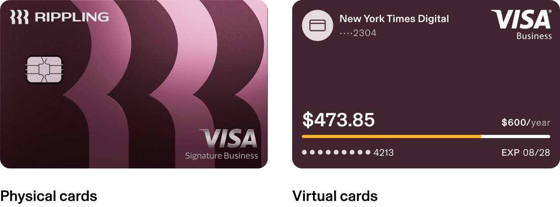 Two business credit cards shown side by side - a purple Rippling physical card and a digital New York Times Visa card displaying $473.85.