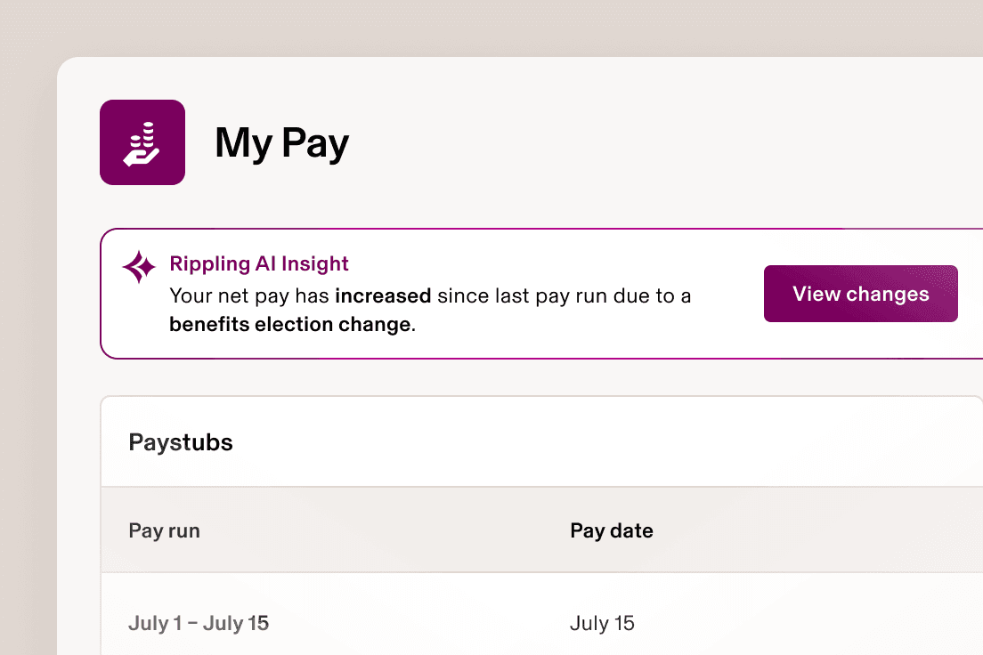 Rippling My Pay dashboard showing an AI Insight alert about increased net pay and a paystubs section listing July pay run.