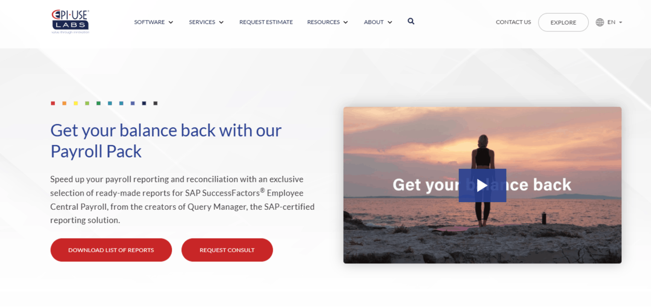 Payroll reporting webpage with a video thumbnail of a person standing on a beach at sunset.
