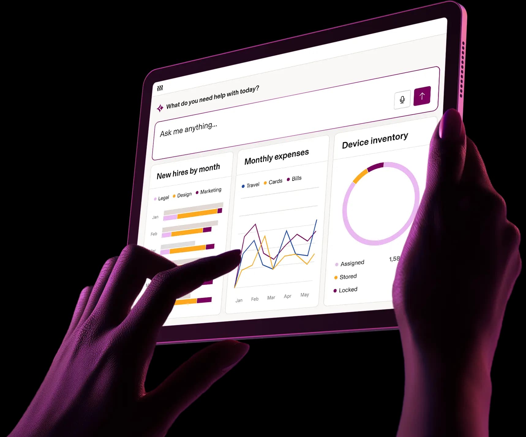 Hands holding a tablet with analytics, device inventory, and a prompt field