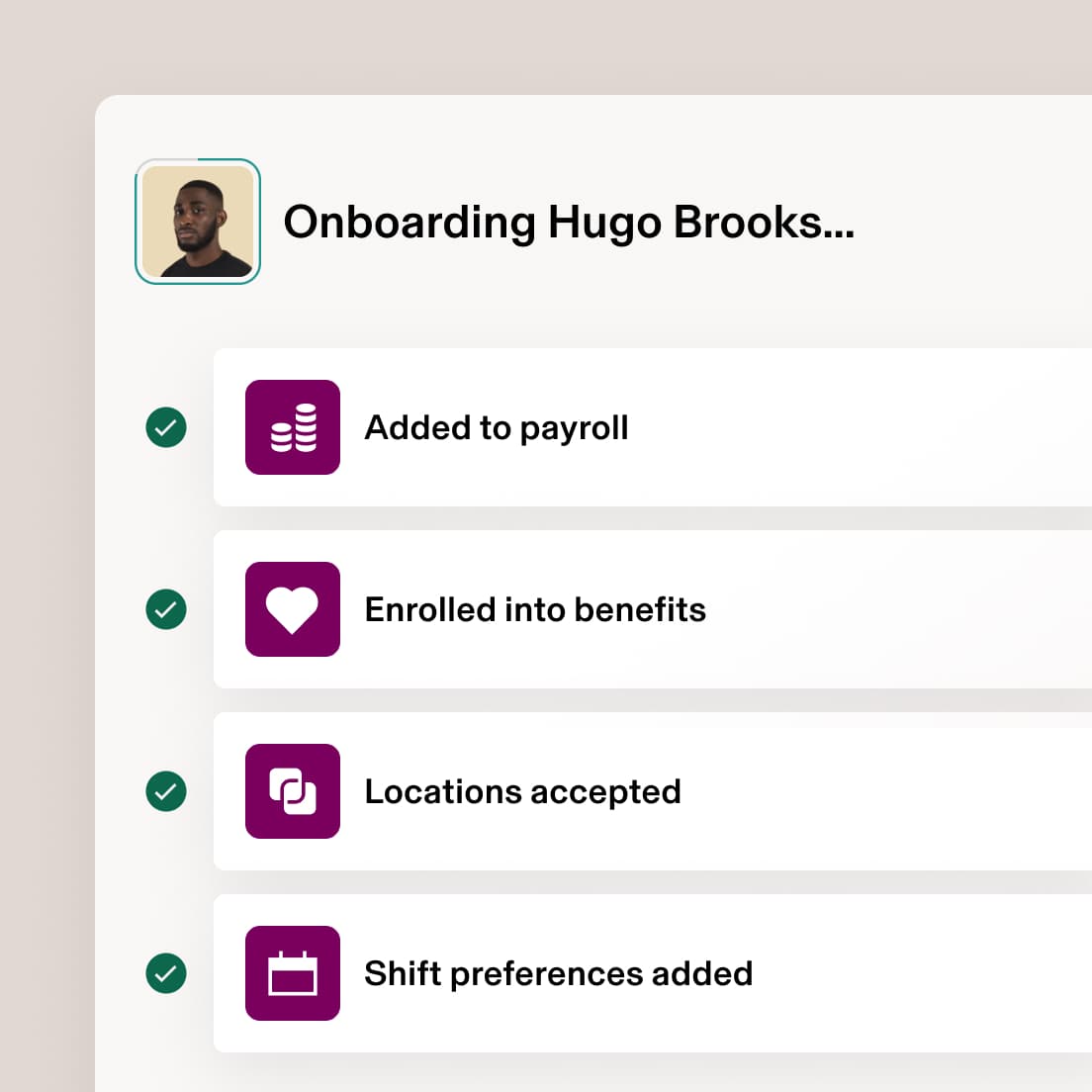 Onboarding checklist for Hugo Brooks.