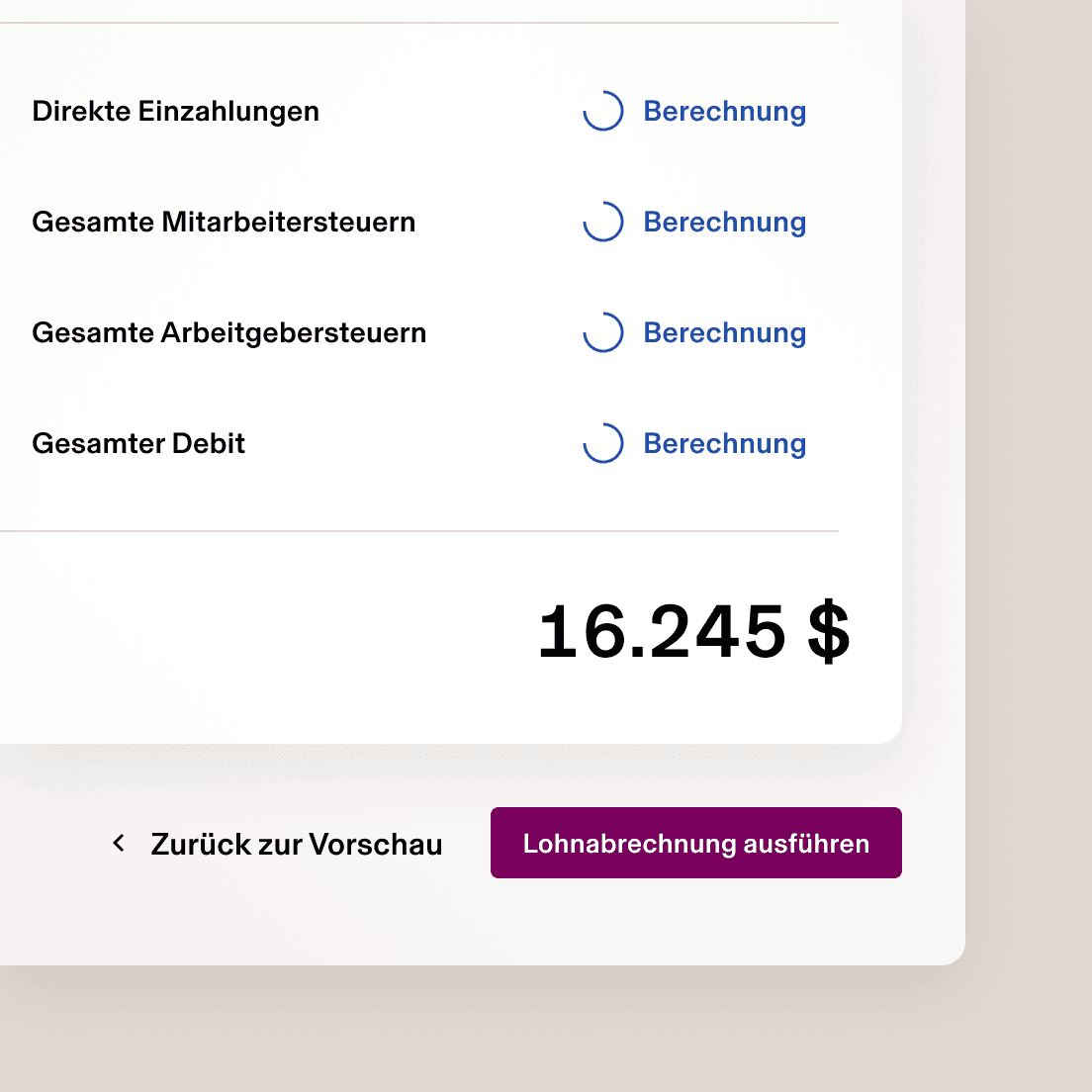 Screenshot des Entgeltabrechnungstools in Rippling mit einem Button mit der Bezeichnung „Entgeltabrechnung ausführen“
