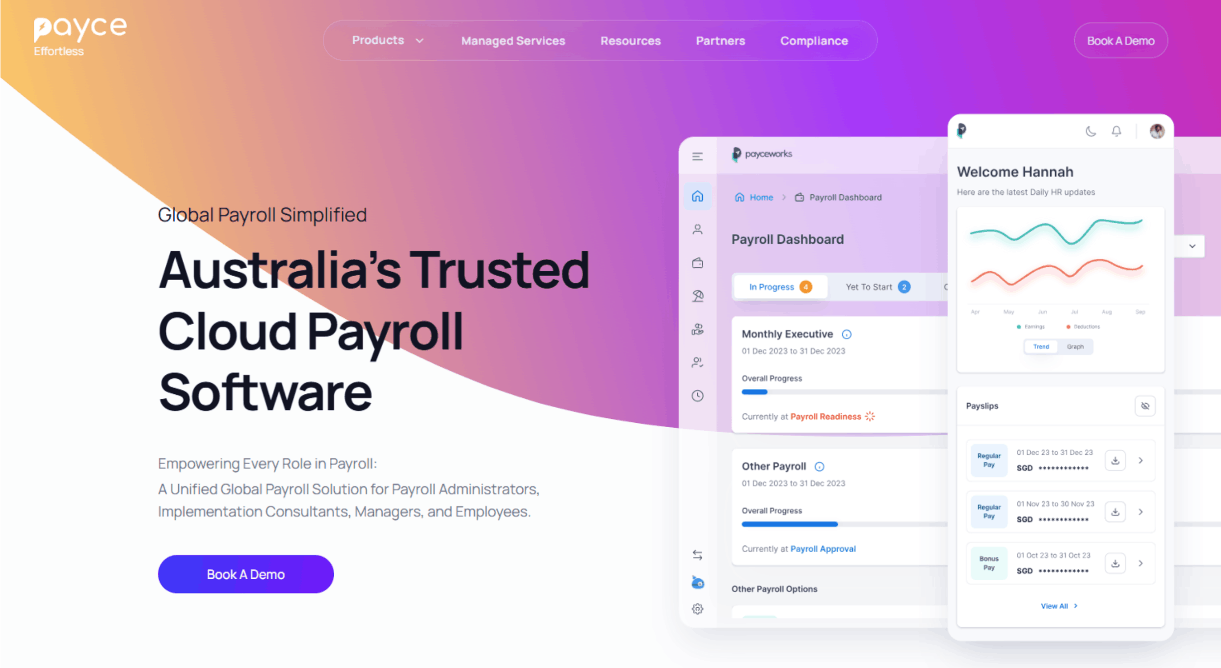 Payroll software webpage with a purple-to-orange gradient and dashboard panels.