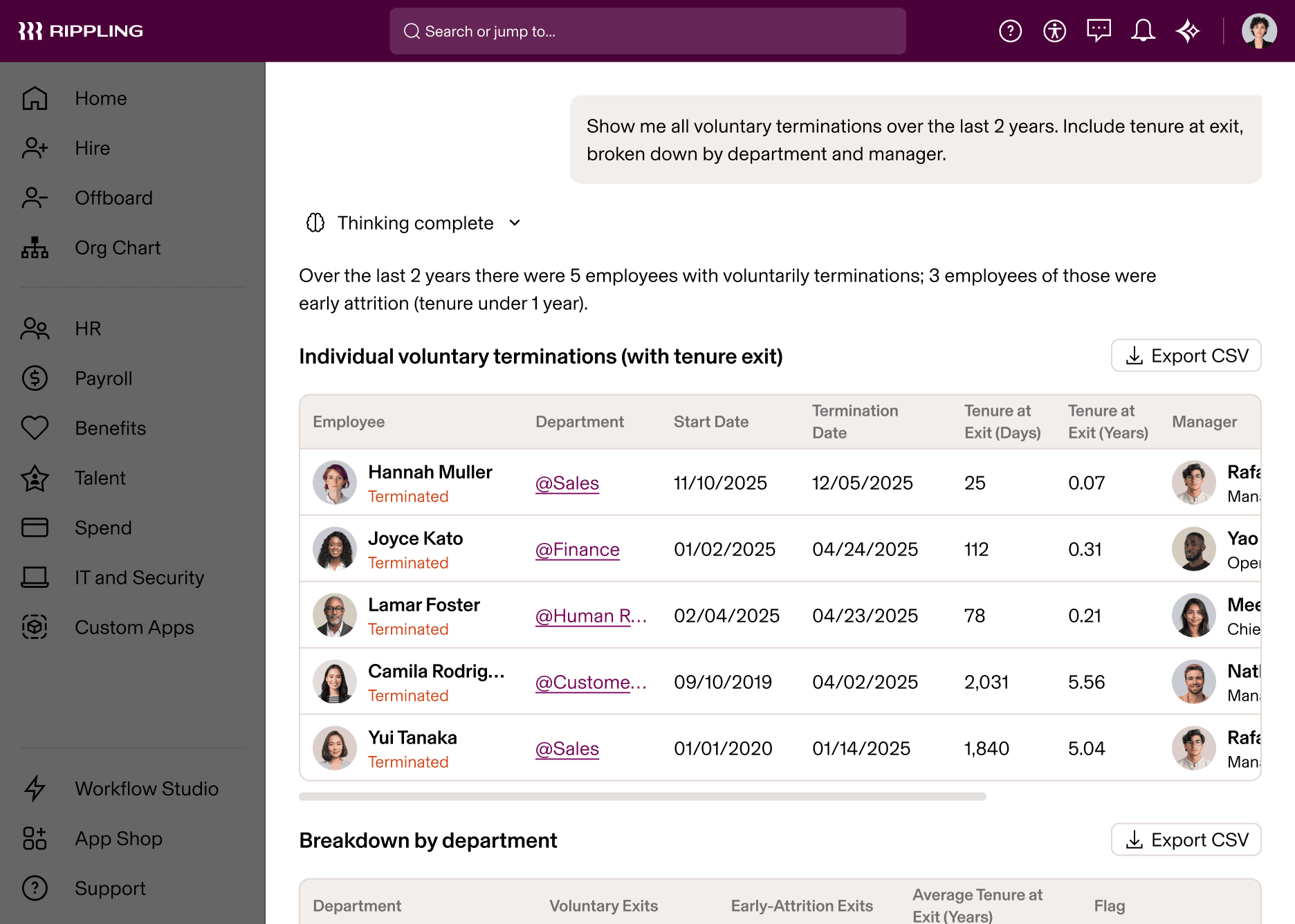 Rippling AI chat displaying a table showing all voluntary terminations over the last 2 years