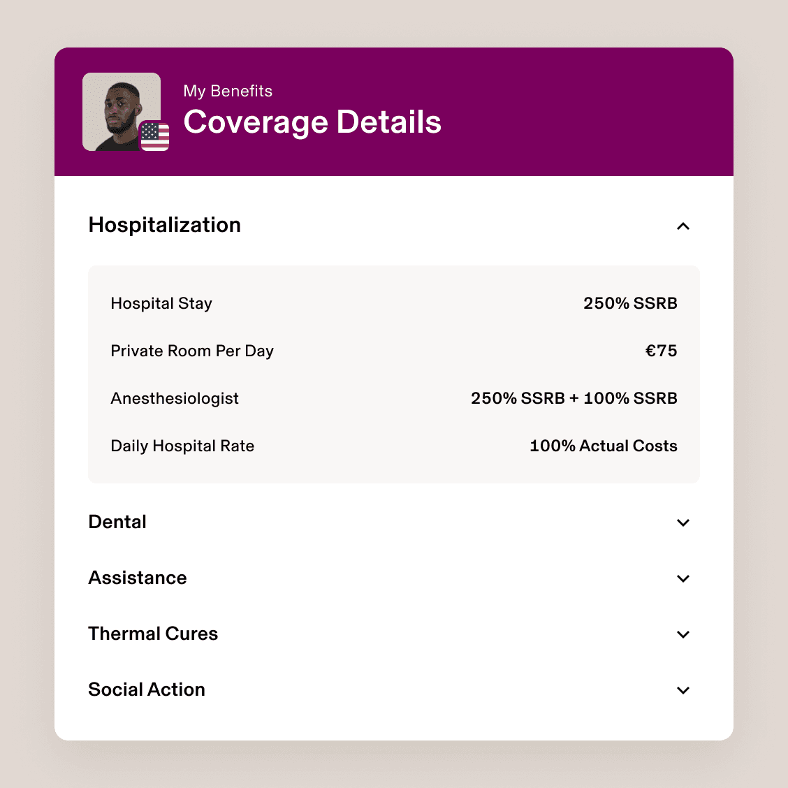 Screen in Rippling titled My Benefits: Coverage Details listing an employee's rates for hospitalization, dental, assistance, thermal cures, and social action