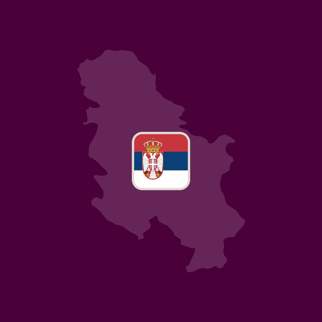 Silhouette map of Serbia with its flag centered on a dark purple background.
