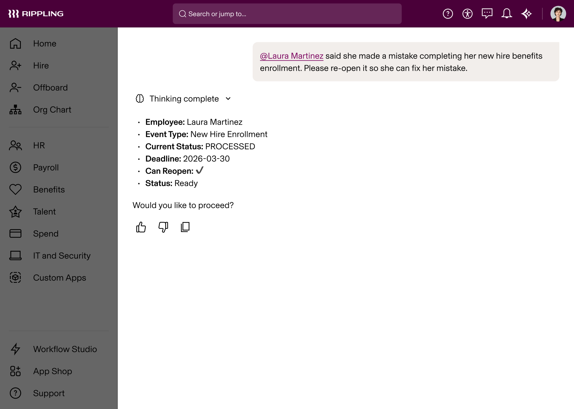 AI chat about reopening benefits enrollment.