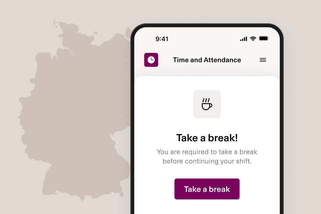 App-Bildschirm mit einer Pausenbenachrichtigung, die ein Kaffeetassensymbol und eine violette Schaltfläche auf hellem Untergrund zeigt