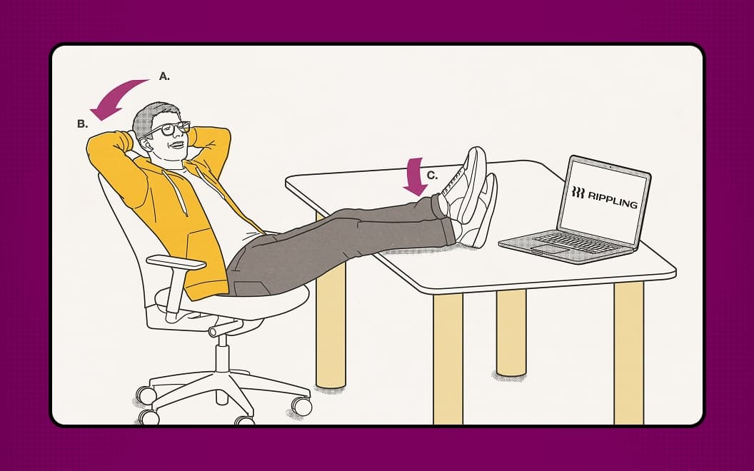 Illustration of a person reclining in an office chair with their feet on a desk beside a laptop.