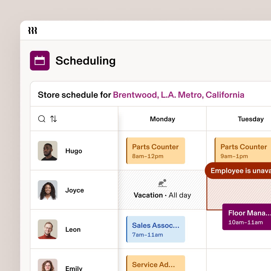 Employee schedule grid with colored shifts.