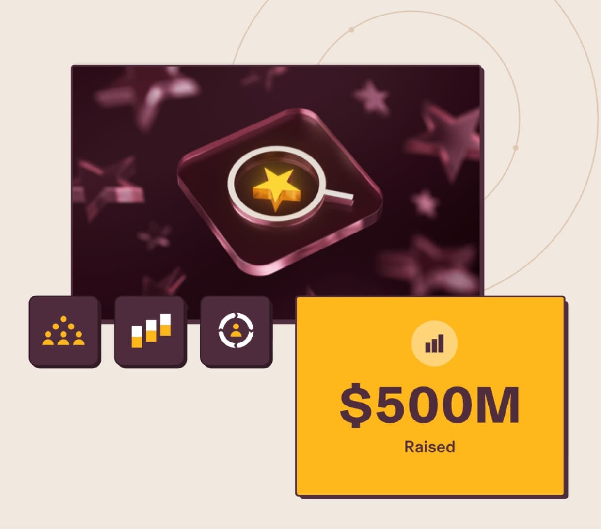 Purple and yellow graphic reading “$500M Raised”