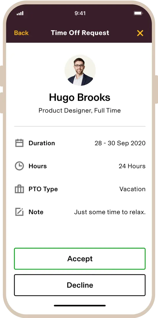 Mobile app screen showing a Time Off Request for Hugo Brooks, a Product Designer, with vacation dates and Accept/Decline buttons.