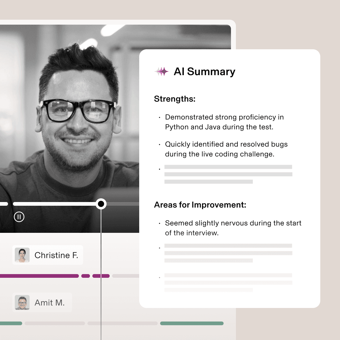 Video interview interface showing a candidate with AI summary highlighting Python and Java skills alongside improvement areas.