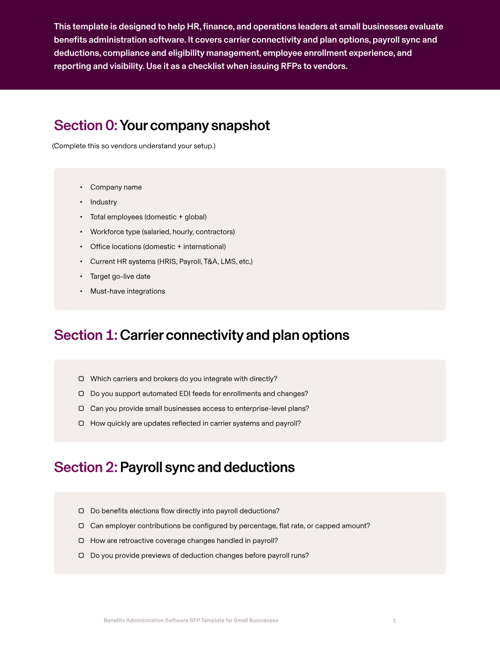 Benefits administration RFP checklist page for small businesses