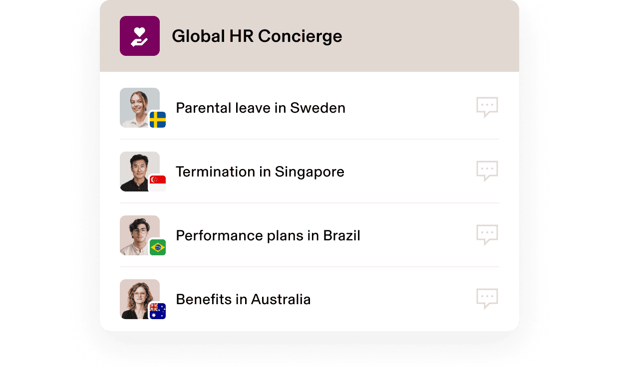 Global HR Concierge interface showing country-specific HR topics with flags for Sweden, Singapore, Brazil, and Australia.