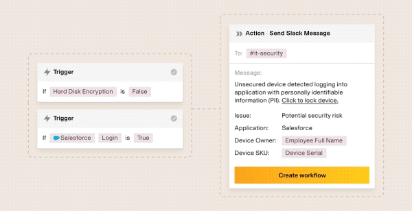 Workflow checking disk encryption and Salesforce login before sending Slack