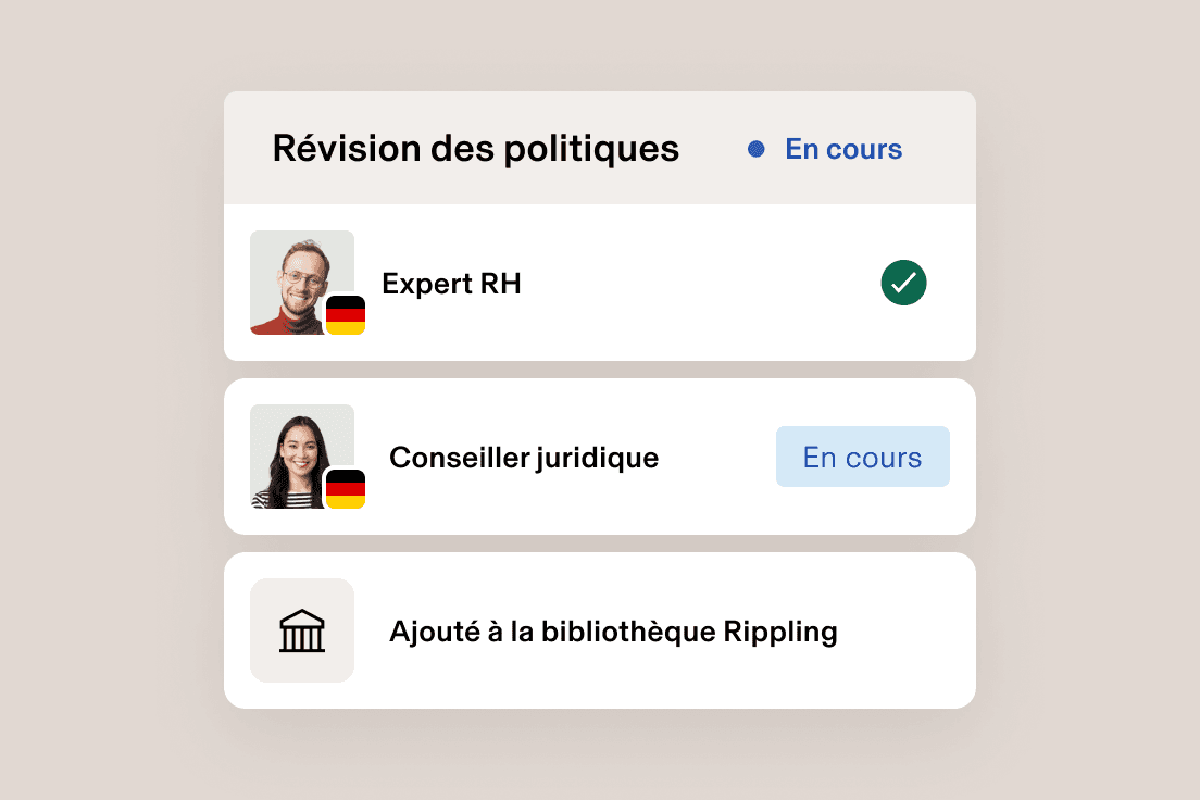 Interface Analyse des politiques affichant l’approbation d’un expert en RH, l’expertise juridique en cours et un document ajouté à la bibliothèque Rippling.