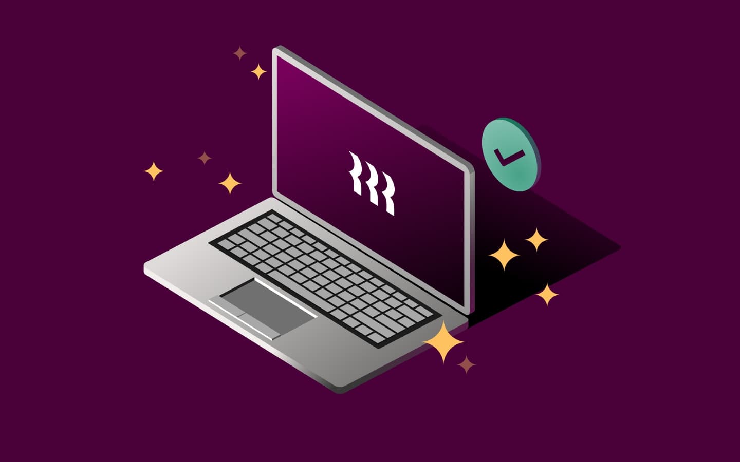 Graphic illustration of a laptop with sparkles and a checkmark icon