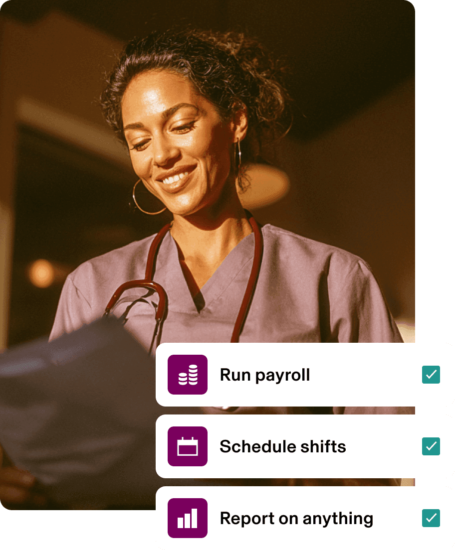 Healthcare professional in scrubs with stethoscope smiling, with payroll and scheduling interface options below.