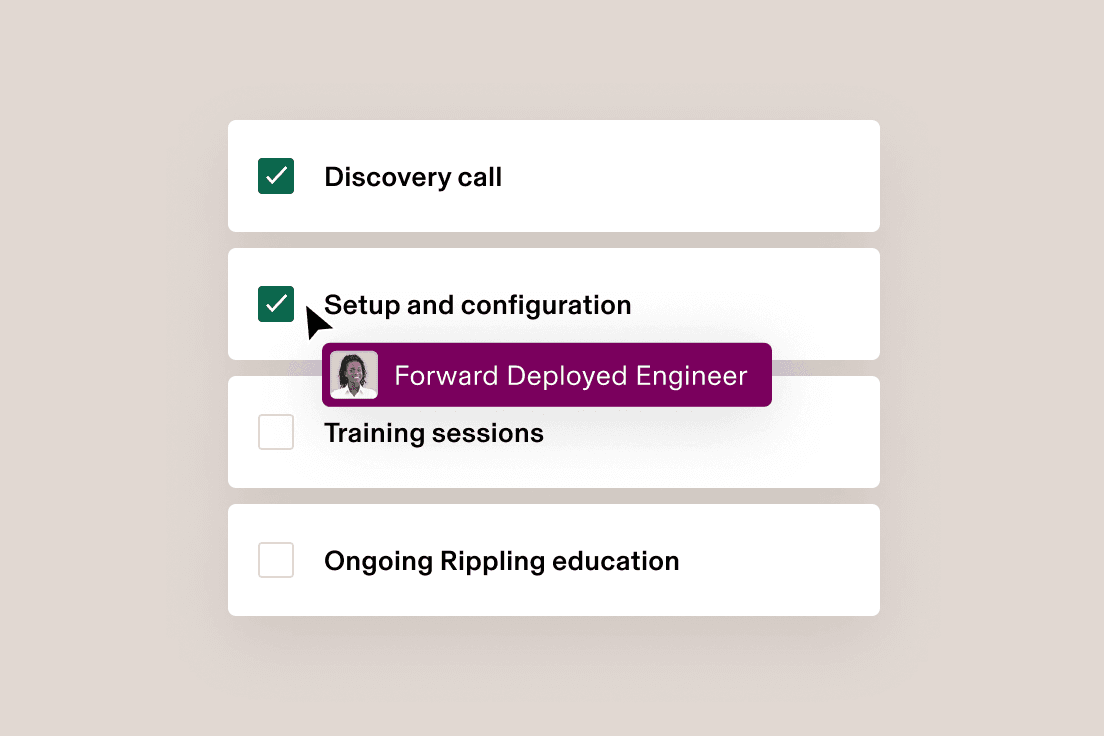 Onboarding checklist with two completed steps and an engineer card over Training.
