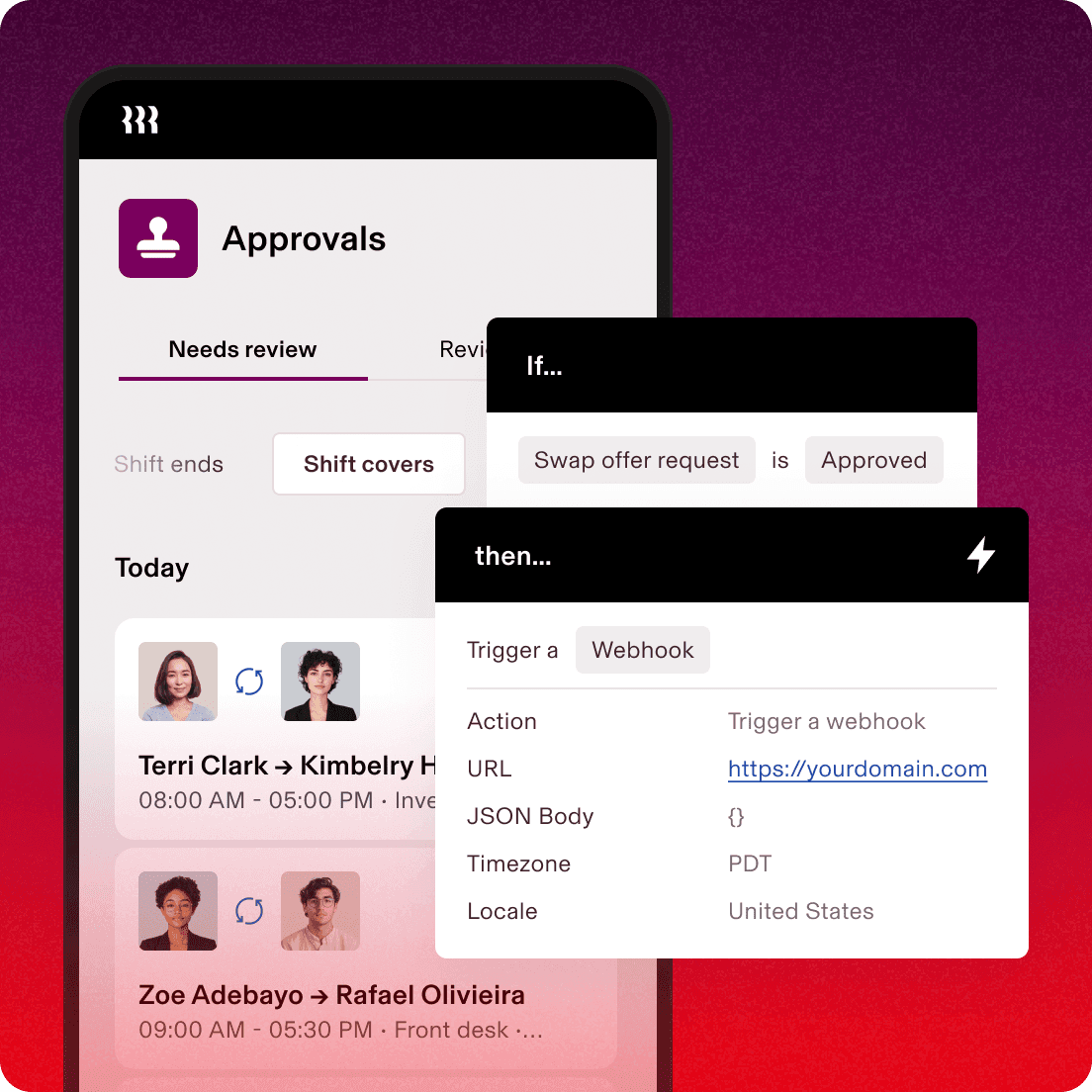 Screen in Rippling on a smartphone titled "Approvals" with a rule that says, "If ... Swap offer request is Approved," then "Trigger a Webhook"