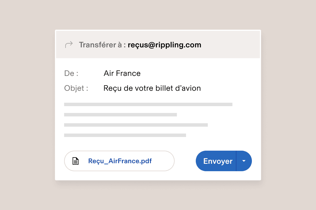 Interface de messagerie sur laquelle est affiché un reçu de vol Delta Airlines transféré à receipts@rippling.com avec un PDF en pièce jointe.