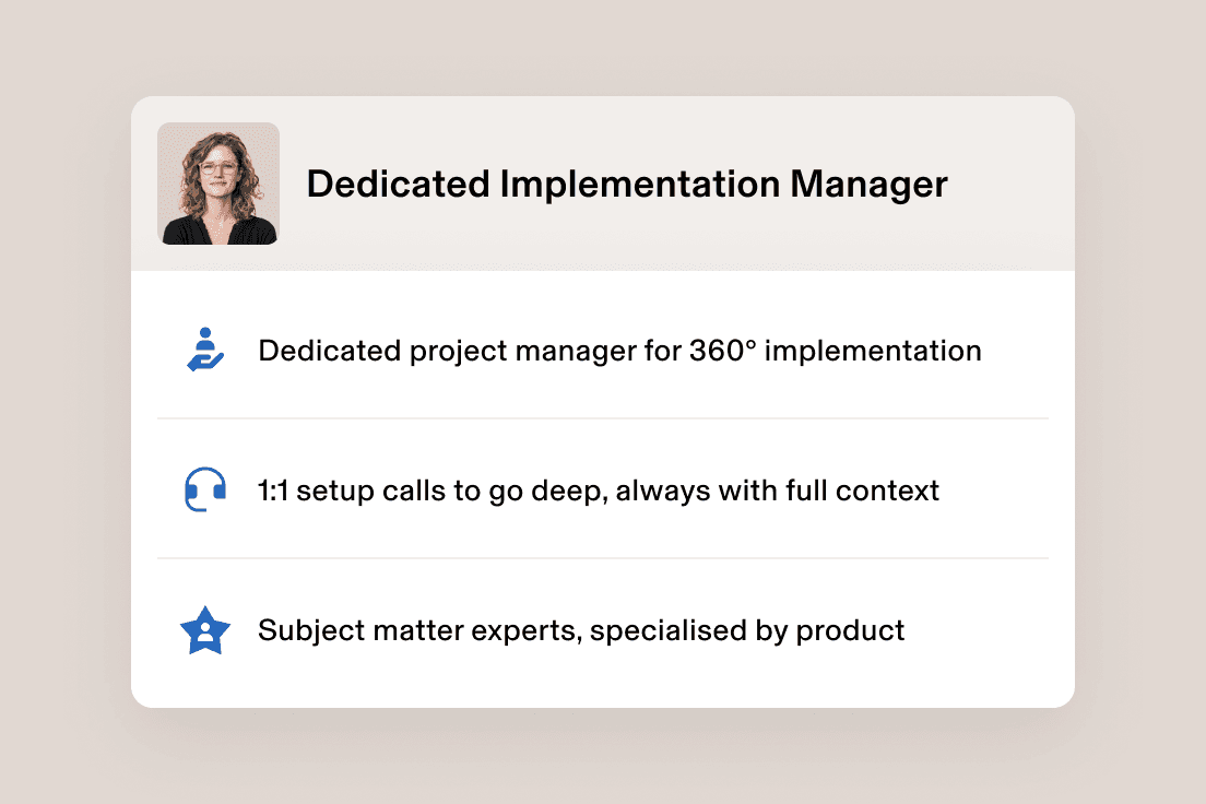 Photograph of a dedicated implementation manager with details on personalised onboarding, expert setup and project management