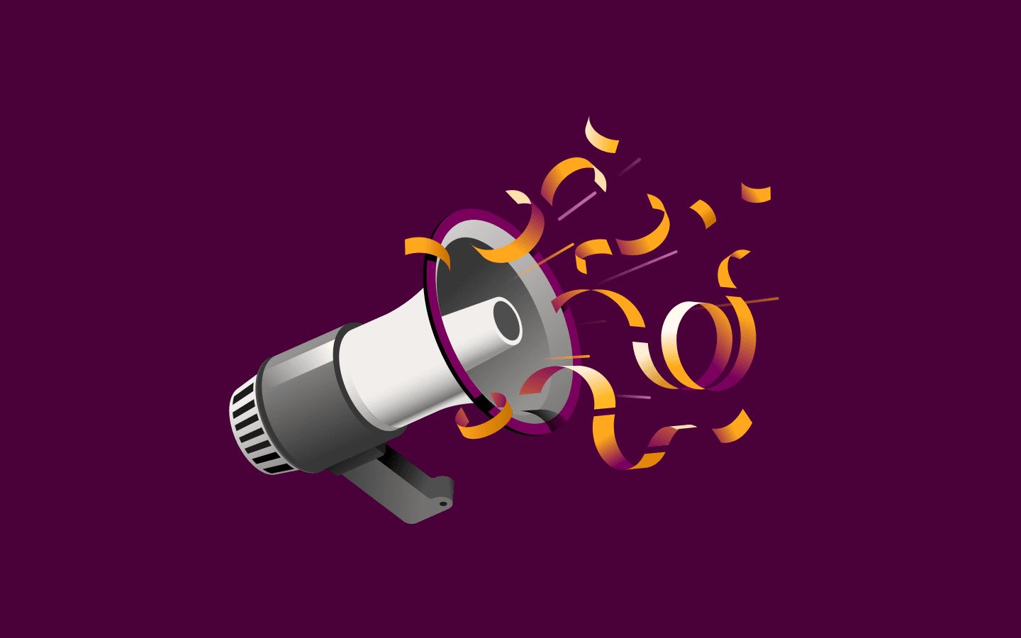 Megaphone with colorful orange and purple ribbons streaming out against a deep purple background.
