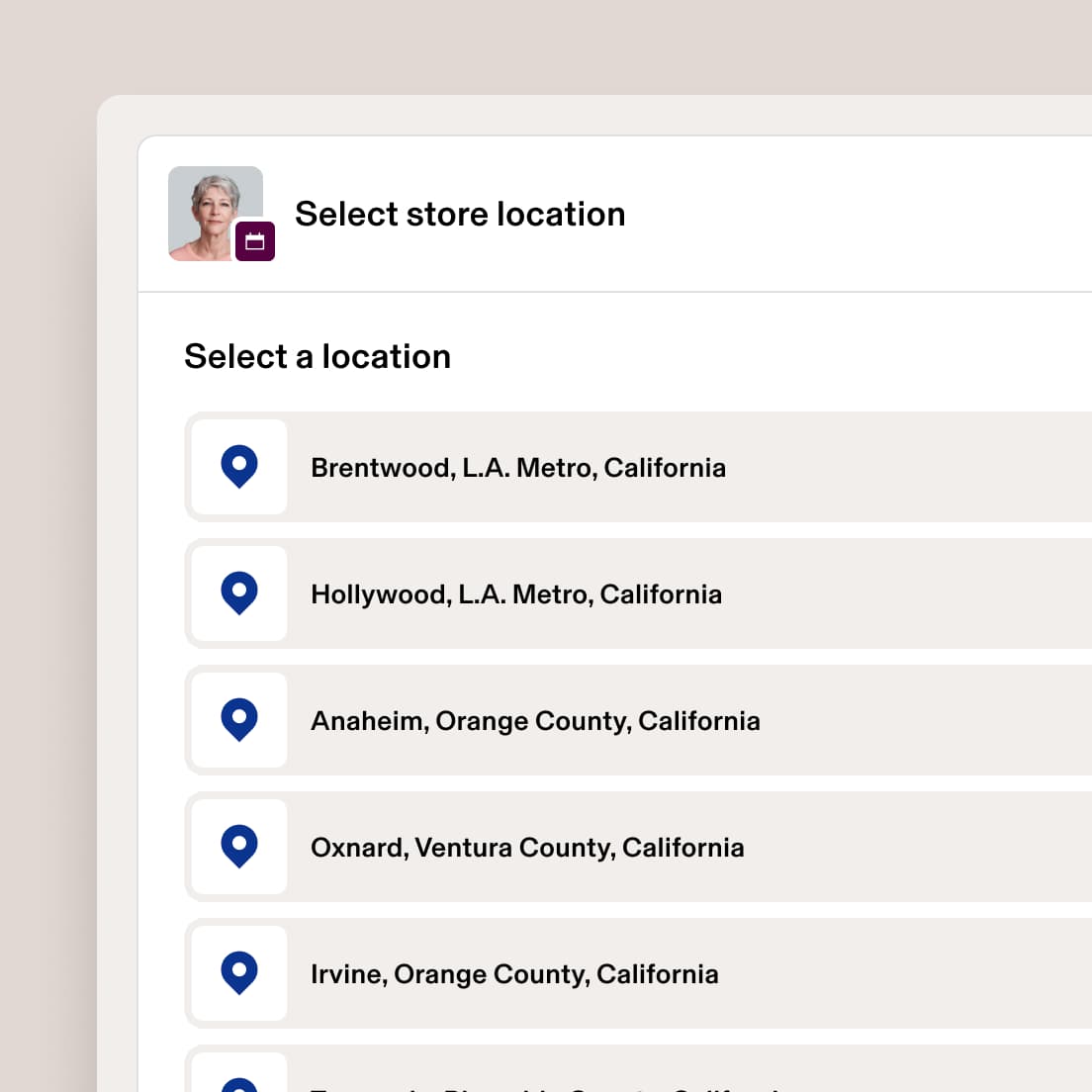 Store location selection interface showing California locations including Brentwood, Hollywood, Anaheim, Oxnard, and Irvine.