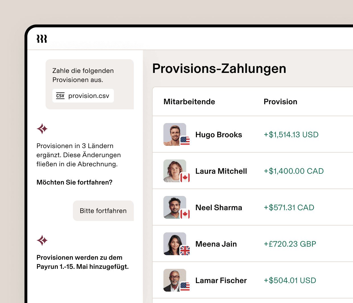 Payrun updates dashboard showing employee commission amounts in USD, CAD, and GBP currencies added via CSV upload.