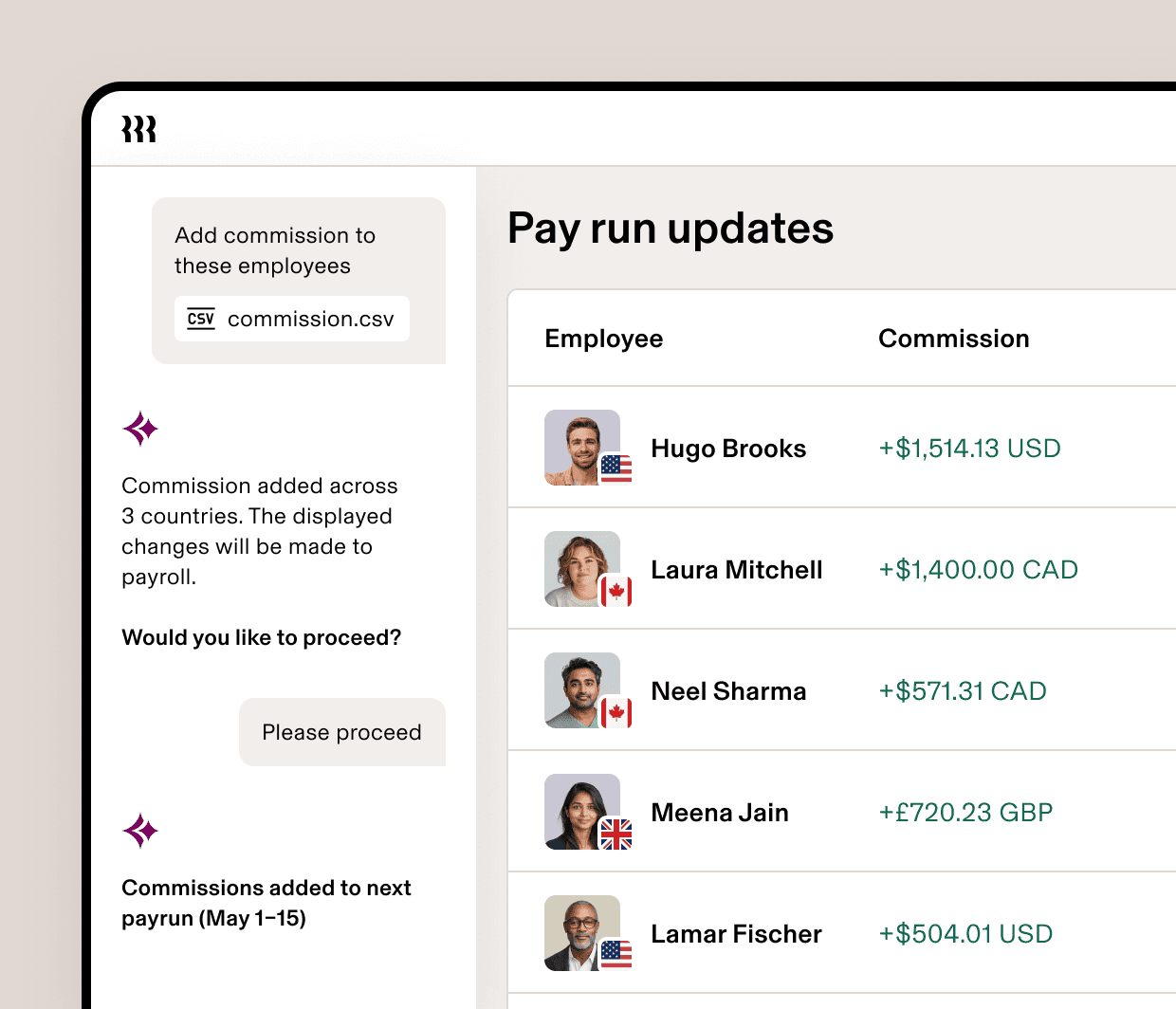 Payrun updates dashboard showing employee commission amounts in USD, CAD, and GBP currencies added via CSV upload.