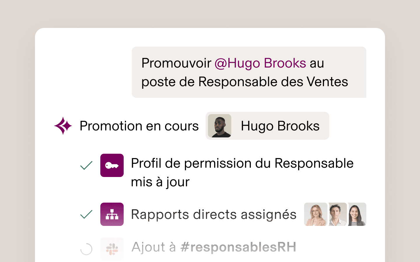 Flux de travail promouvant Hugo Brooks au poste de directeur des ventes.