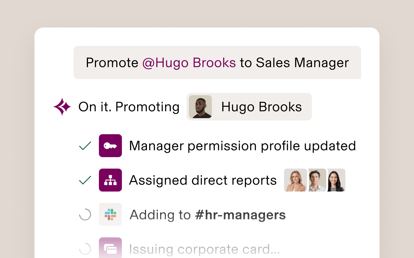 Workflow promoting Hugo Brooks to Sales Manager.