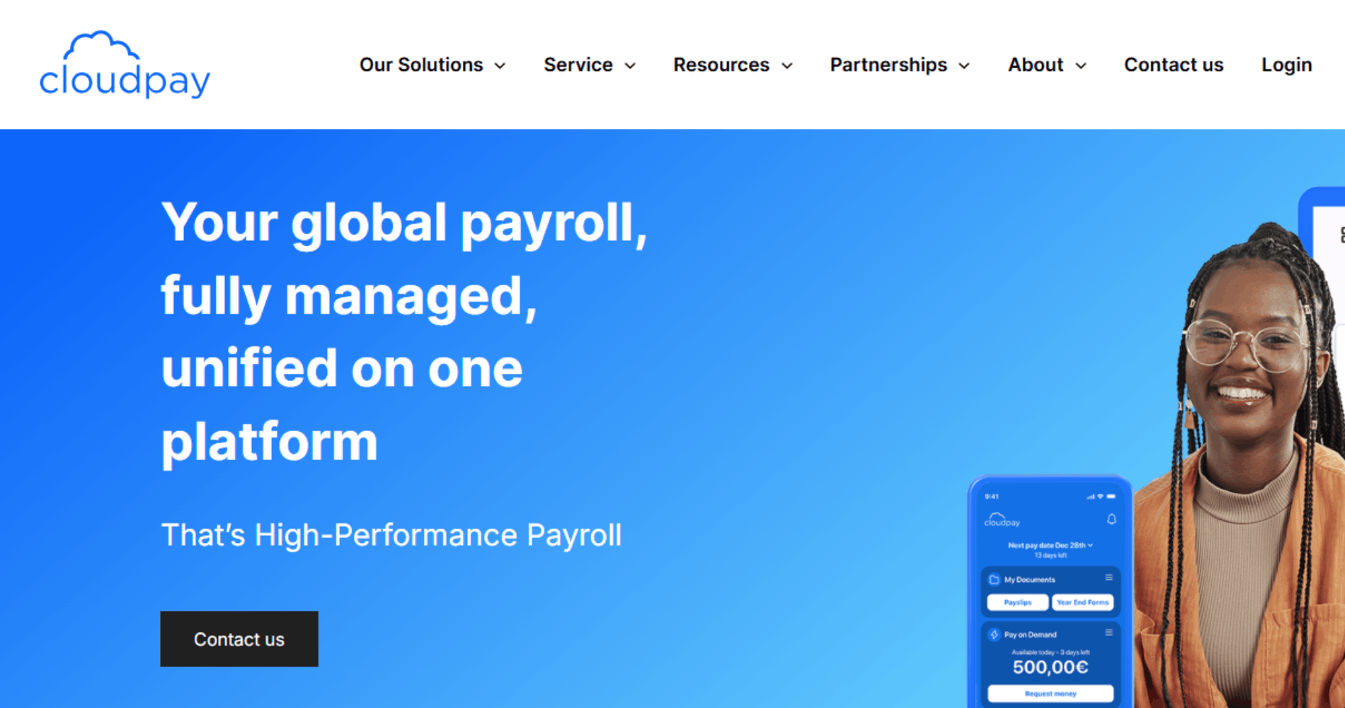 Blue global payroll webpage with a smiling person and mobile payslip screen.