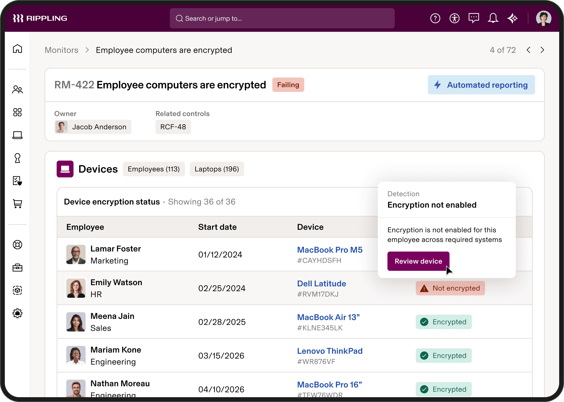 Device encryption monitor dashboard showing an employee computer marked not encrypted.