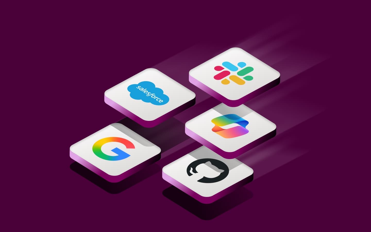 Floating tiles for Salesforce, Slack, Google, GitHub, and another app.