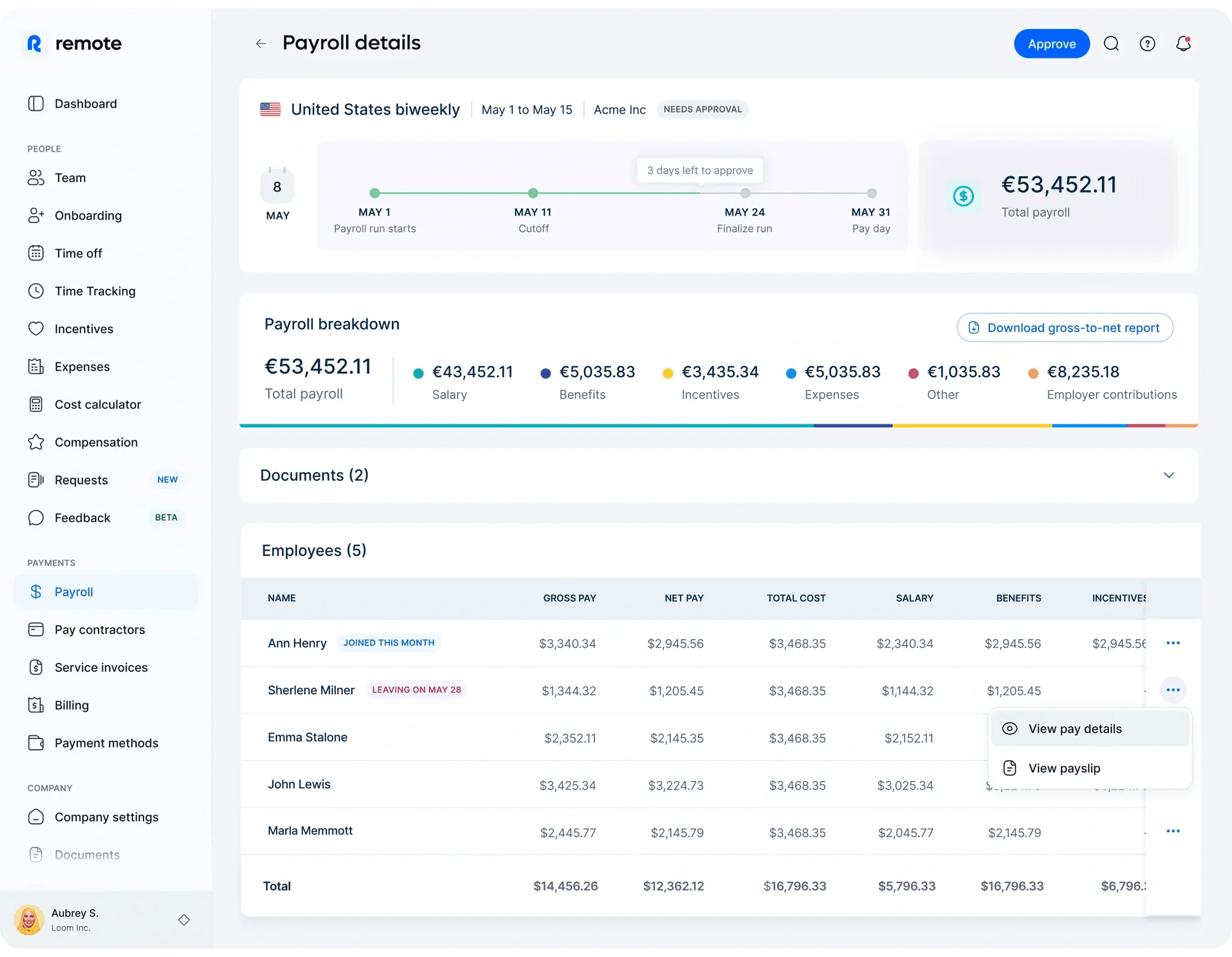 Payroll details screen with a processing timeline, payroll breakdown, and employee table.