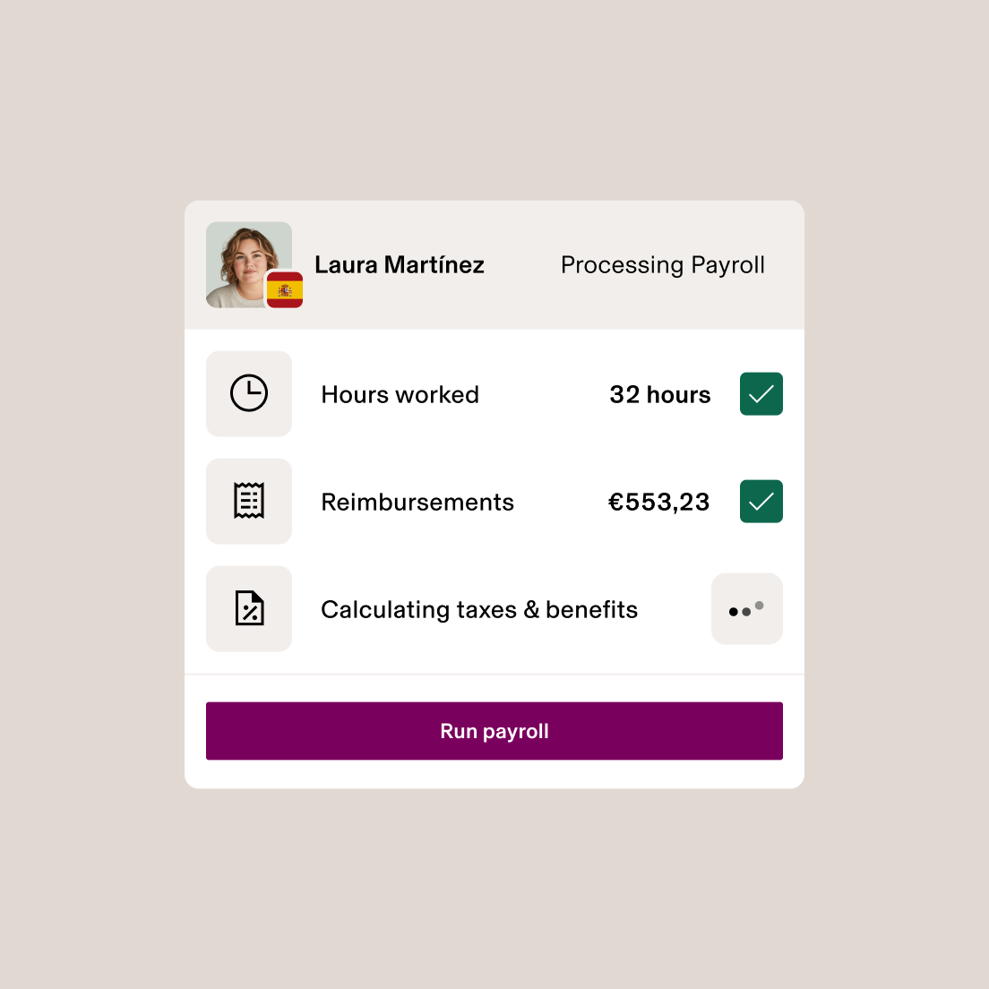 Payroll processing interface showing employee details, 32 hours worked, €553.23 in reimbursements, and tax calculation in progress.