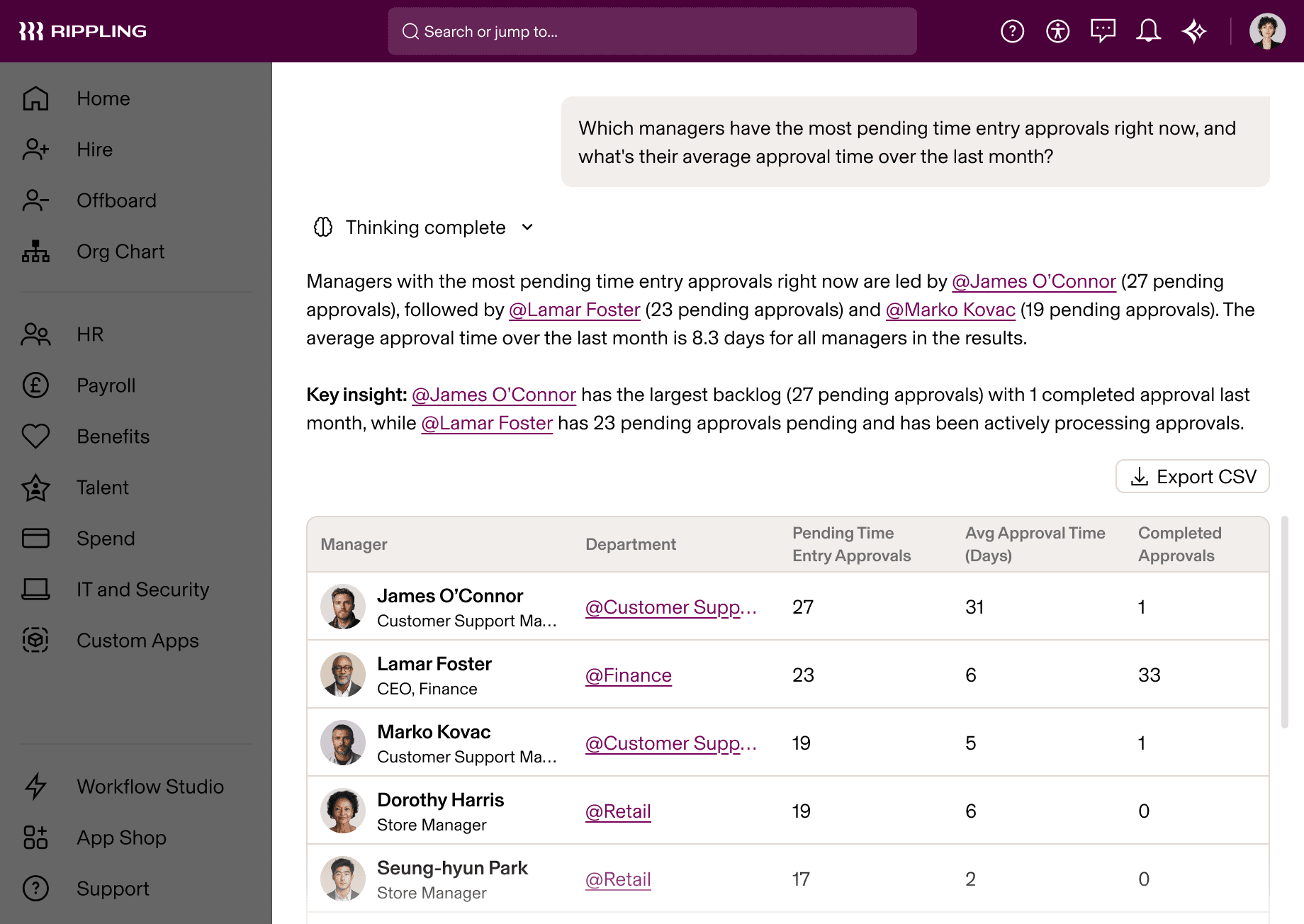 Rippling AI screenshot showing manager time entry approvals data with James O’Connor having the highest backlog of pending approvals