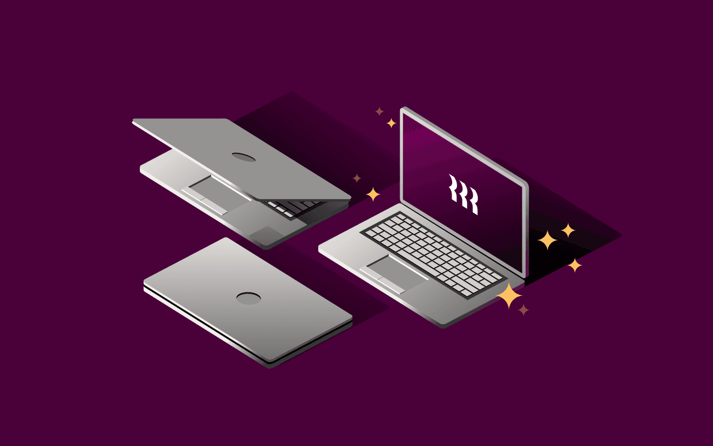 Stylized silver laptops in different positions on a purple background with decorative gold star accents.