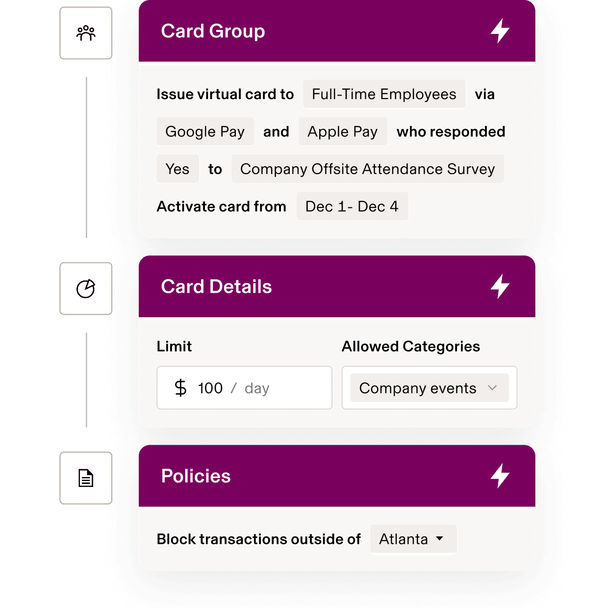 Virtual card management interface showing settings for full-time employees with $100/day limit for company events in Atlanta.