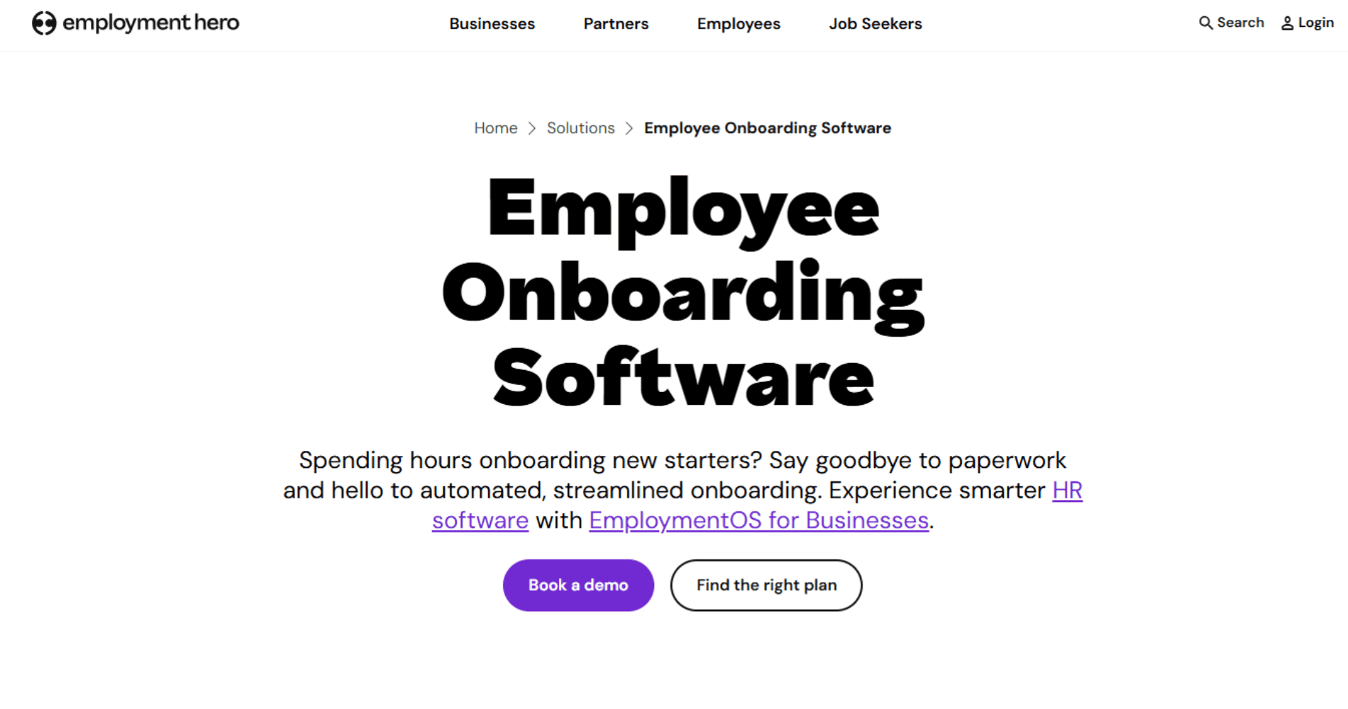 Employment Hero webpage advertising employee onboarding software on a white background.