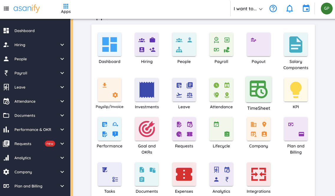Grid of colorful app icons for hiring, people, payroll, leave, timesheets, analytics, and more.